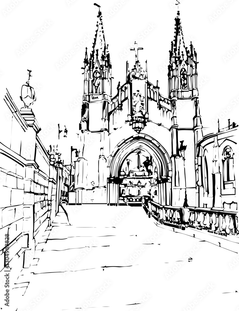 Fototapeta premium architecture, building, drawing, sketch, church, vector, city, illustration, old, travel, castle, art, paris, europe, town, vintage, house, cathedral, tower, design, draw, landmark, ancient, london, d