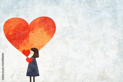 A charming illustration of a girl holding red hearts next to a large orange heart symbolizing love, emotion, and connection with a soft background