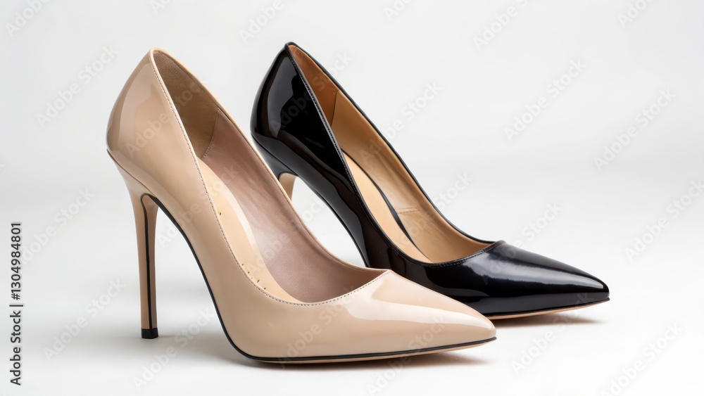 Beige and Black High-Heel Shoes on White Background Beige and Black High-Heel Shoes on White Background