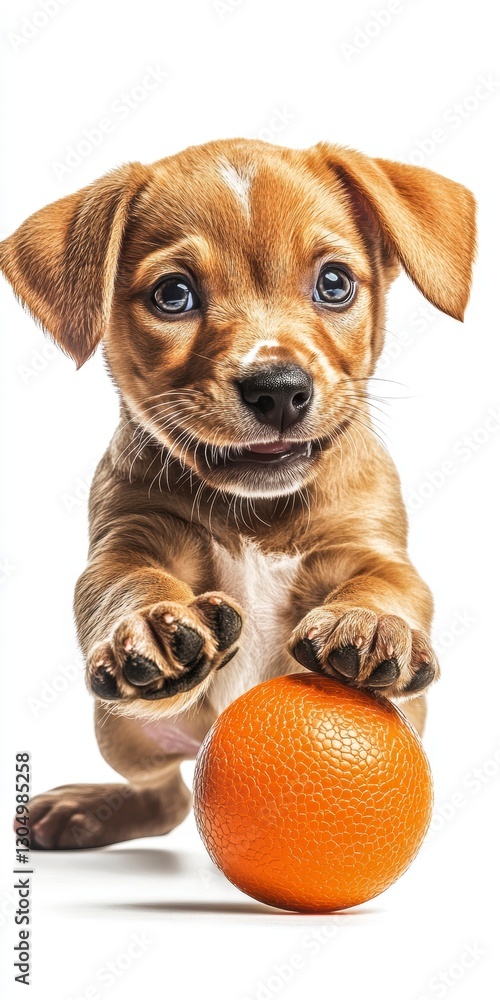 Playful Brown Puppy Leaps Towards Orange Ball Against White Background Playful Brown Puppy Leaps Towards Orange Ball Against White Background