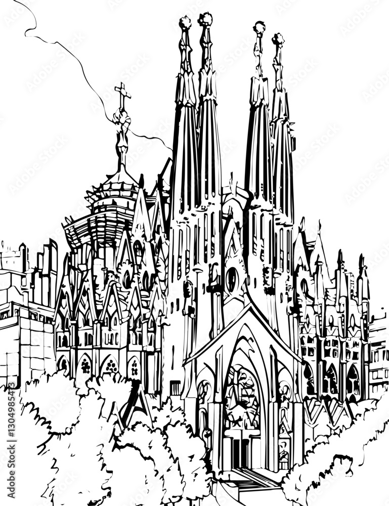Obraz premium architecture, building, drawing, sketch, church, vector, city, illustration, old, travel, castle, art, paris, europe, town, vintage, house, cathedral, tower, design, draw, landmark, ancient, london, d