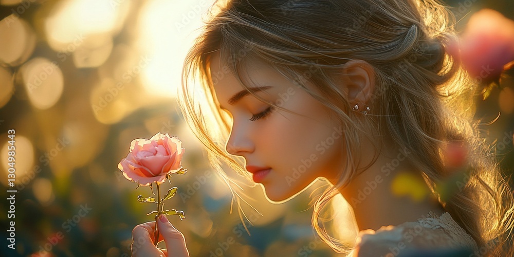 Fototapeta premium Woman smelling rose, sunset garden. Romantic image