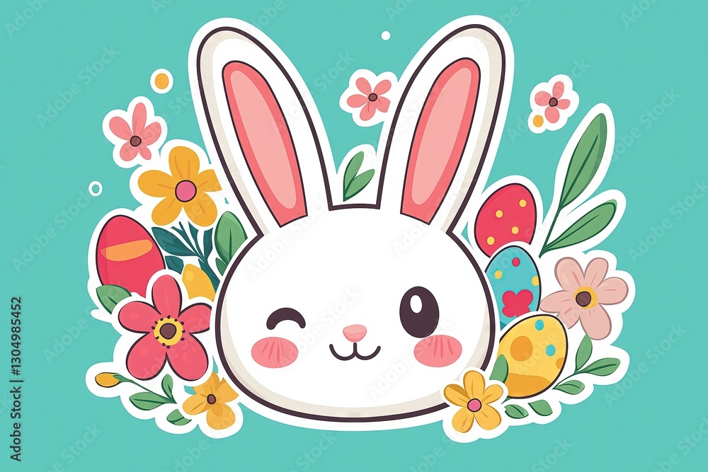 Cute Cartoon Easter Bunny Winking, Surrounded by Colorful Flowers and Eggs - Sticker Design Cute Cartoon Easter Bunny Winking, Surrounded by Colorful Flowers and Eggs - Sticker Design