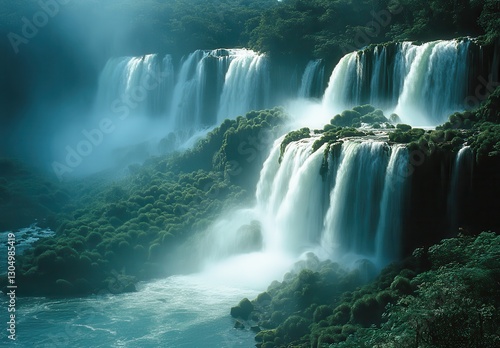 Majestic Waterfalls Surrounded by Lush Greenery Under Soft Misty Light in a Serene Natural Landscape
