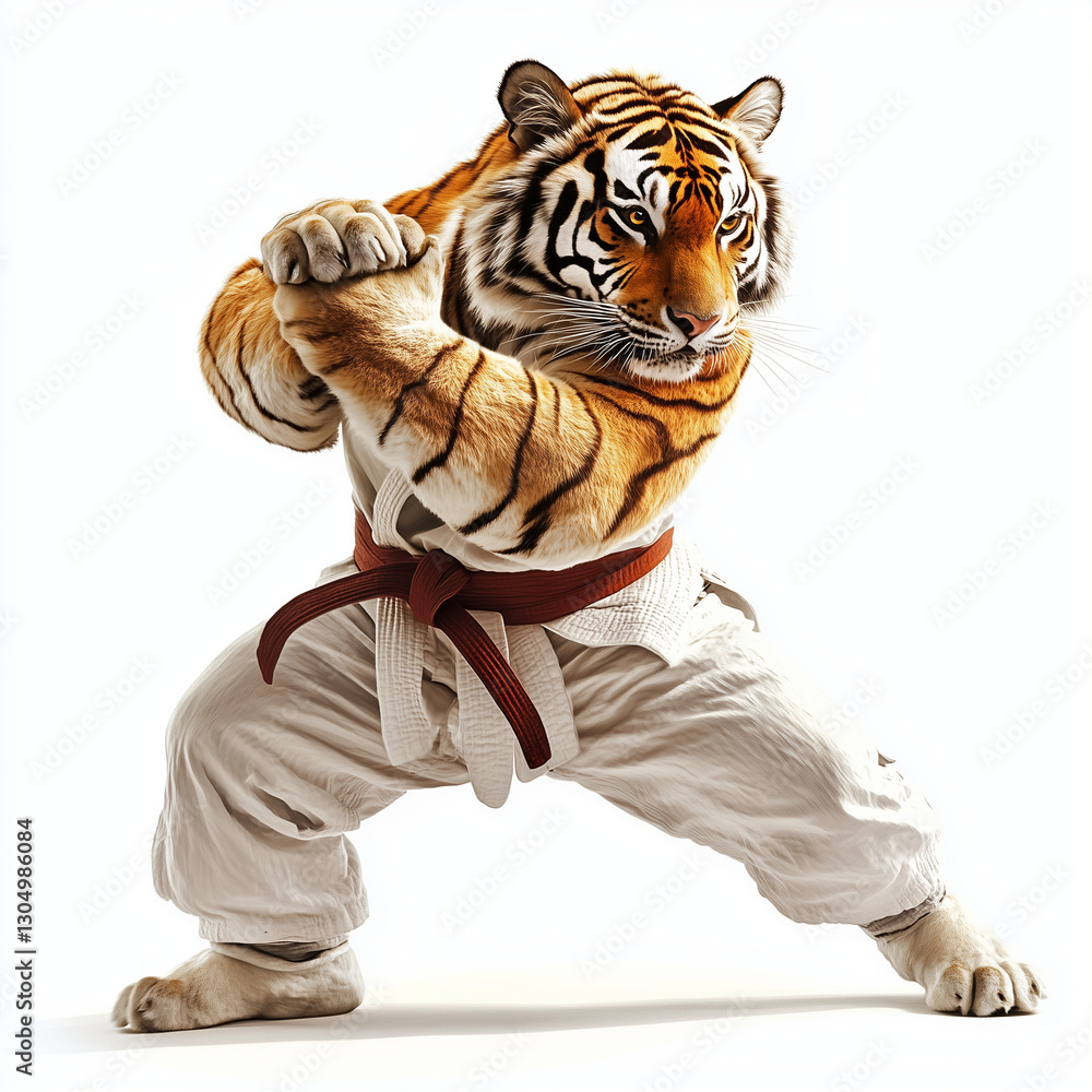 Fototapeta premium Tiger plays karate isolated on white background Generative ai