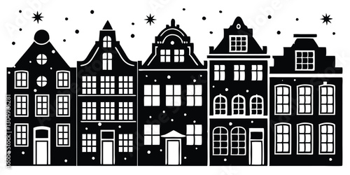 Silhouette of a row Amsterdam style houses Facades of European old buildings with reflection