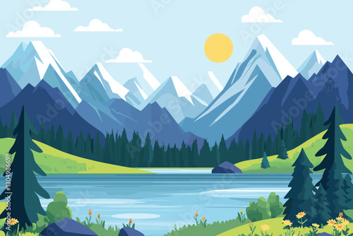 Flat design nature landscape with mountains and lakes, Flat style vector illustration. 