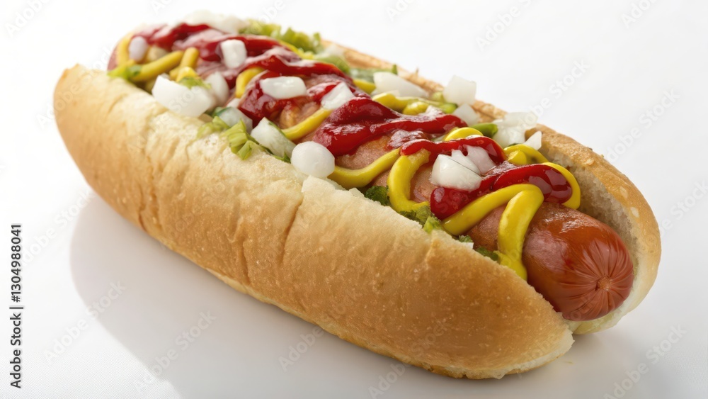 Hot Dog with Mustard, Ketchup, and Onions on White Background Hot Dog with Mustard, Ketchup, and Onions on White Background