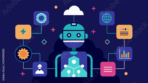 Using advanced deep learning techniques an AI system is able to seamlessly merge and synthesize disparate data sources providing a holistic understanding of a complex situation.. Vector illustration