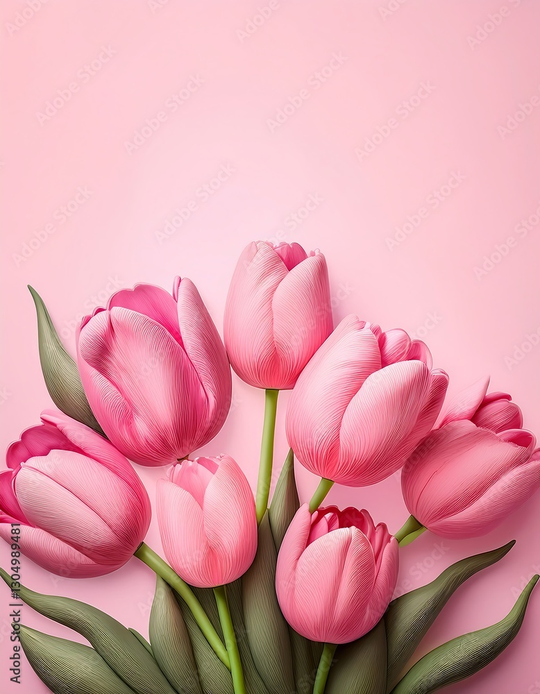 Obraz premium Floral arrangement of delicate pink tulips resting against a soft pastel background. Generative AI