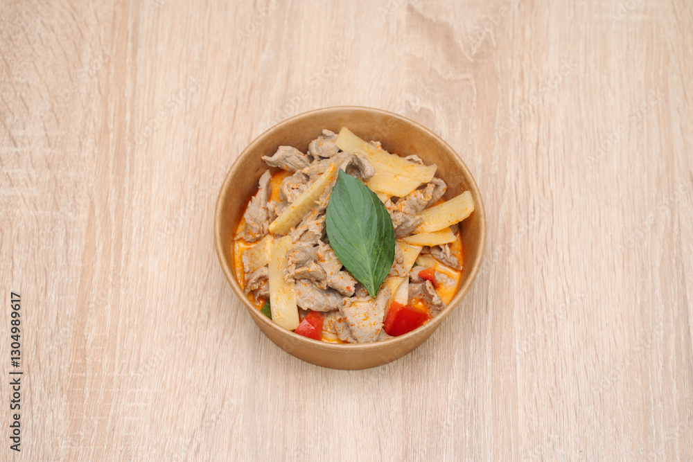 Thai Beef in cardboard takeout container Thai Beef in cardboard takeout container