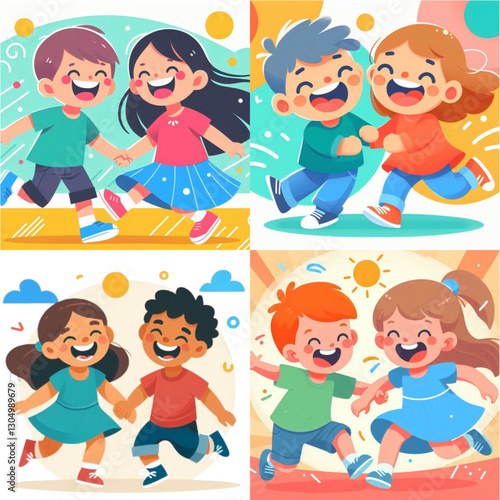 Joyful children running and playing together in a colorful, cheerful illustration celebrating friendship