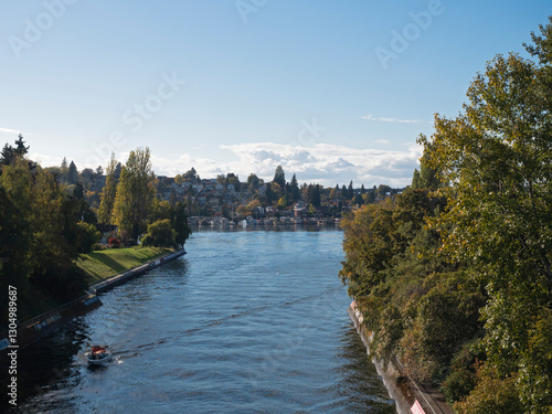 Lake Washington Ship Canal panoramic view from Montlake bridge in Seattle, USA.