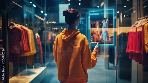 Woman Uses Augmented Reality to Shop for Clothes in Retail Store