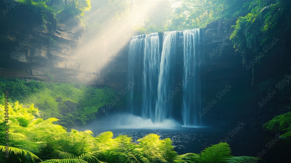 Captivating waterfall cascading into a serene pool surrounded by lush greenery and illuminated by gentle sunlight Captivating waterfall cascading into a serene pool surrounded by lush greenery and illuminated by gentle sunlight