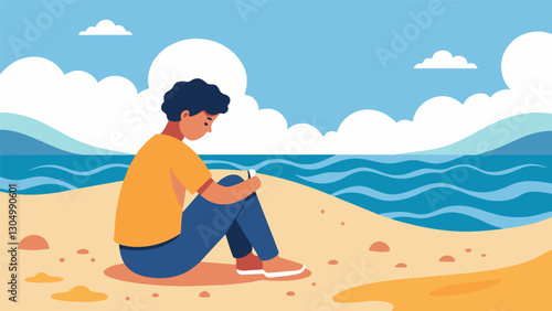 The sound of waves crashing on the shore fills the background as a student sits on the beach gathering sand between their fingers while reminiscing on the warm lazy days spent. Vector illustration