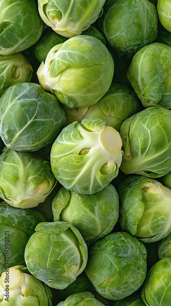 Fototapeta premium Brussels sprouts vertical background. Realistic vegetable texture. For veggie related theme