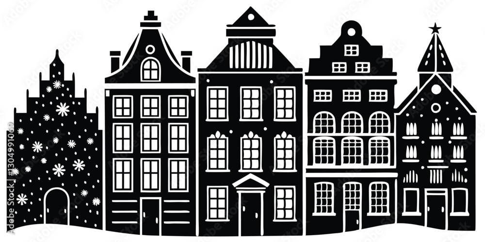 Fototapeta premium Silhouette of row Amsterdam style houses Facades of European old buildings for Christmas decoration
