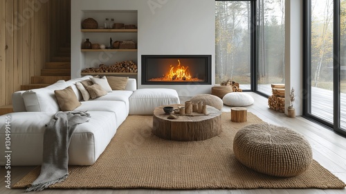 Minimalist interior design of modern living room. Big rustic  table near white corner sofa and black pouf
