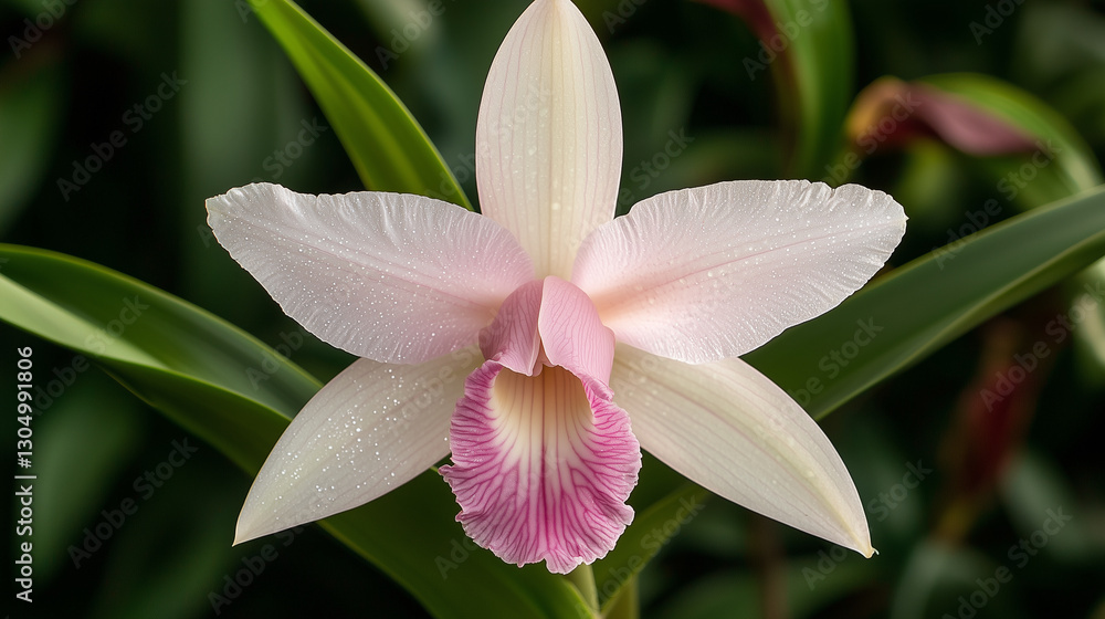 Vibrant pink and white orchid flower in lush garden setting Vibrant pink and white orchid flower in lush garden setting