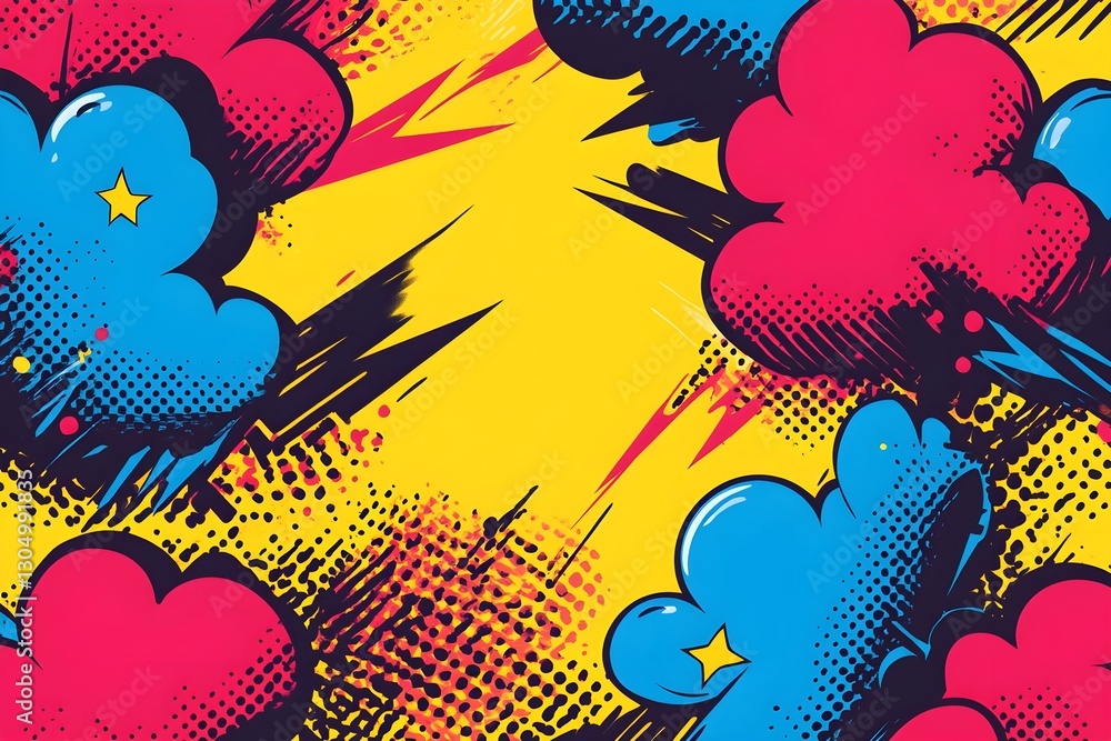 Naklejka premium a seamless pop art design with comic-style elements such as exploding clouds, lightning bolts, and dynamic action lines in primary colors, creating a fun and energetic vibe
