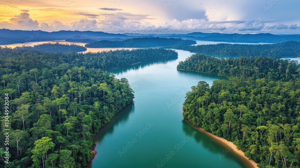 Stunning aerial view of lush green rainforest with winding river and serene blue waters amidst a vibrant sunset sky Stunning aerial view of lush green rainforest with winding river and serene blue waters amidst a vibrant sunset sky