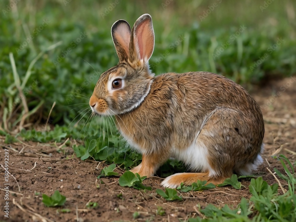 Fototapeta premium Charming Wild Rabbit with Soft Fur Sitting Alert in Natural Habitat - Explore Outdoor Wildlife in Grassland
