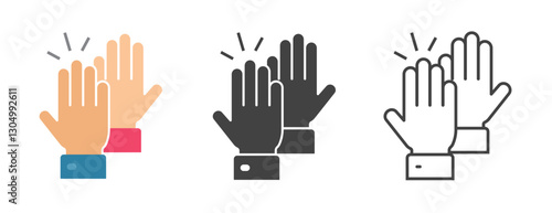 High five gesture icon graphic vector set, line stroke outline art of hi 5 celebration or greeting, two hands people slap pictogram, palms arms raised sign symbol simple bump together

