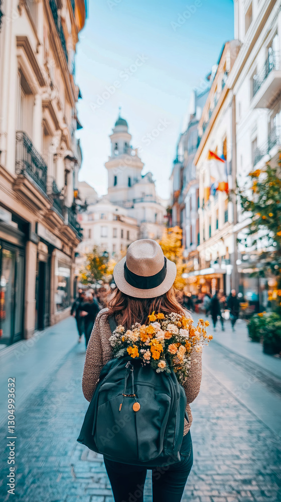 Obraz premium Fall promenade: A lady's meander through the lane with blossoms and architecture