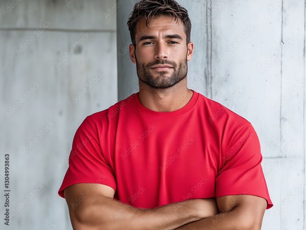 A man in a red shirt with his arms crossed A man in a red shirt with his arms crossed