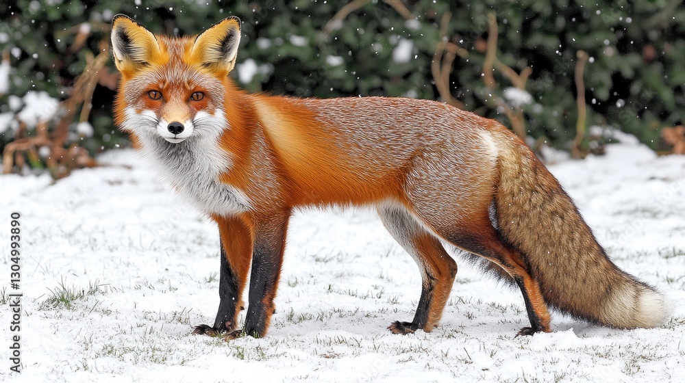 Fototapeta premium A stunning red fox standing gracefully in a snowy landscape, showcasing its vibrant fur and striking features in a serene winter setting.