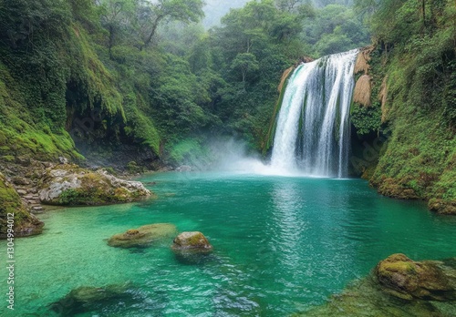 Serene and Tranquil Waterfall Surrounded by Lush Green Forest and Misty Atmosphere in Nature's Hidden Paradise