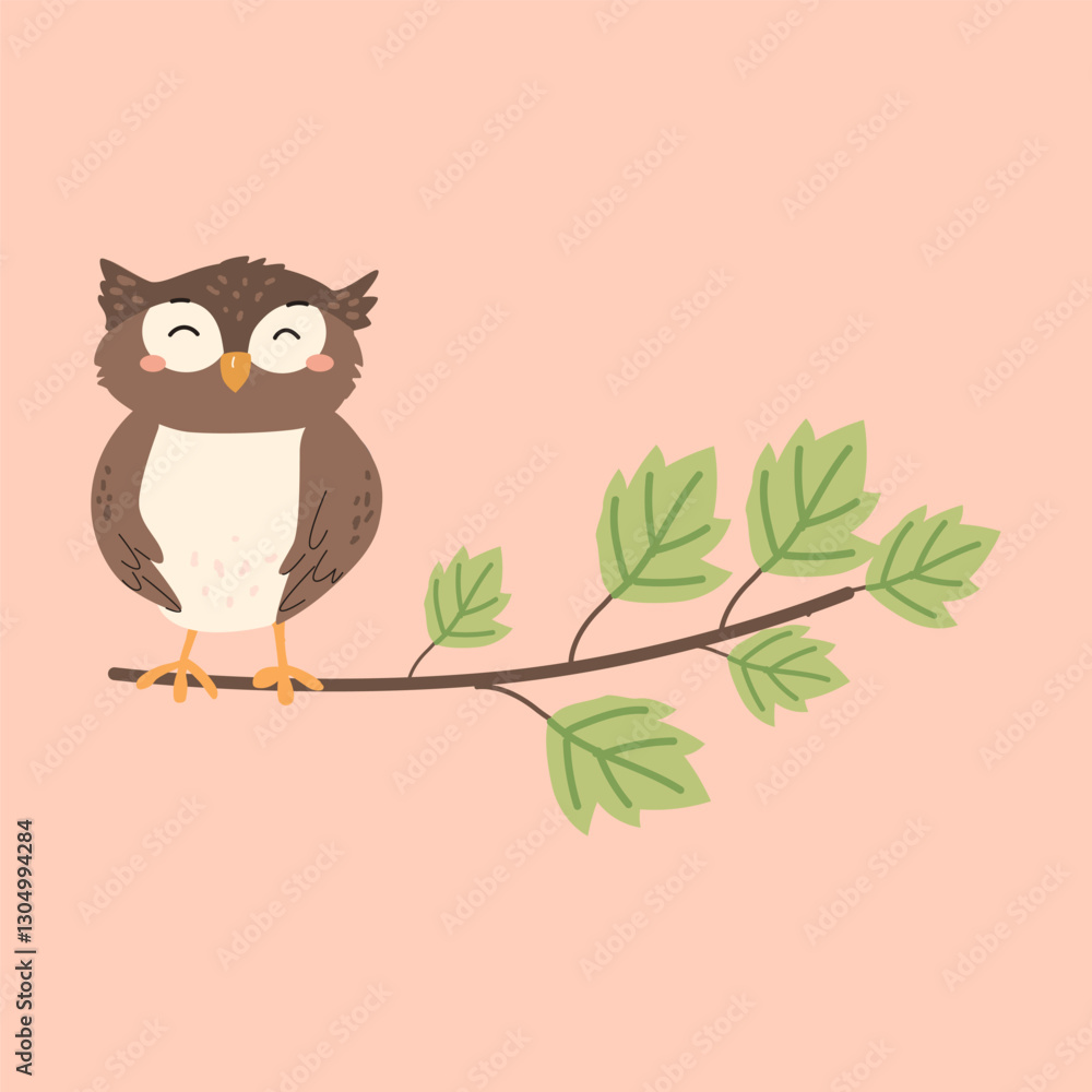 Obraz premium Cute forest animals collection featuring smiling owl on branch.