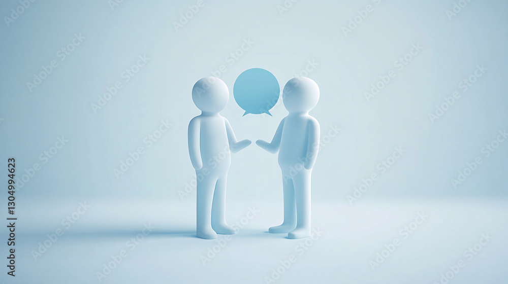Minimalist 3D illustration of two white figures with speech bubble on light blue background
Minimalist 3D illustration of two white figures with speech bubble on light blue background