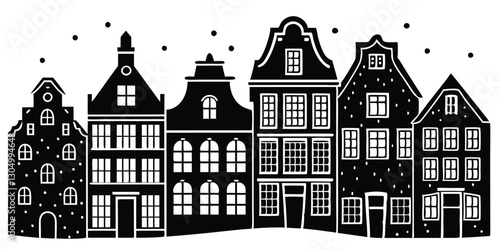 Silhouette of a Facades of European old buildings for Christmas decoration