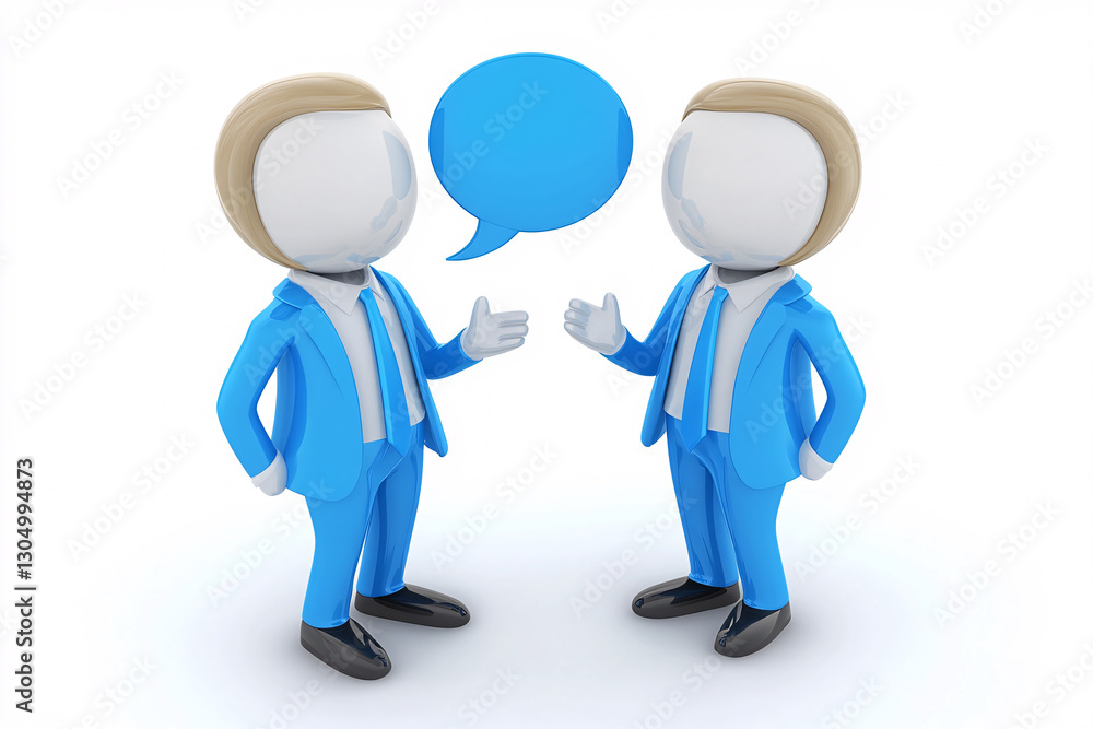 3D illustration of two faceless figures in blue suits with speech bubble on white background
3D illustration of two faceless figures in blue suits with speech bubble on white background