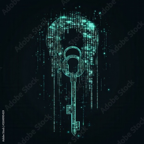 A digital key design featuring a cascading binary code, symbolizing security and access in a tech-oriented world.