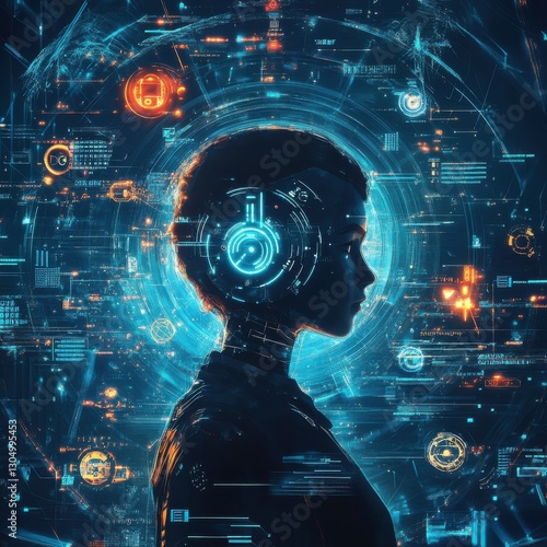 A futuristic silhouette of a person with a digital headset, surrounded by glowing technological elements and data visuals.