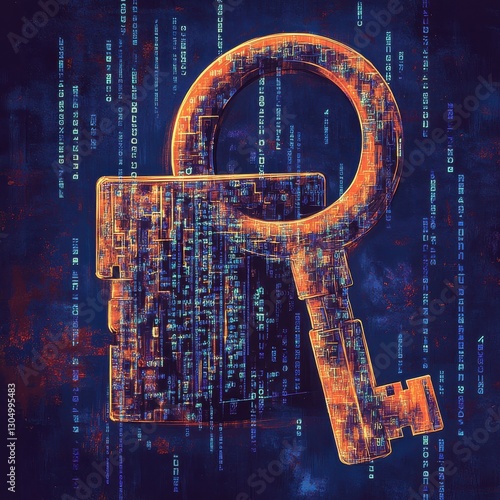 A digital depiction of a lock and key, surrounded by binary code, symbolizing cybersecurity and data protection.