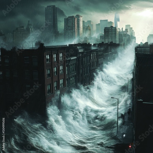 A dramatic scene of towering waves crashing through a city, engulfing buildings under a stormy sky, highlighting the power of nature against urban life.