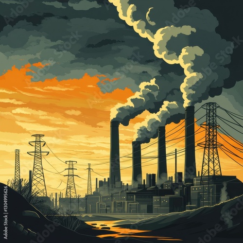 A factory landscape with smokestacks emitting dark smoke against an orange sky, depicting industrial pollution and energy generation.