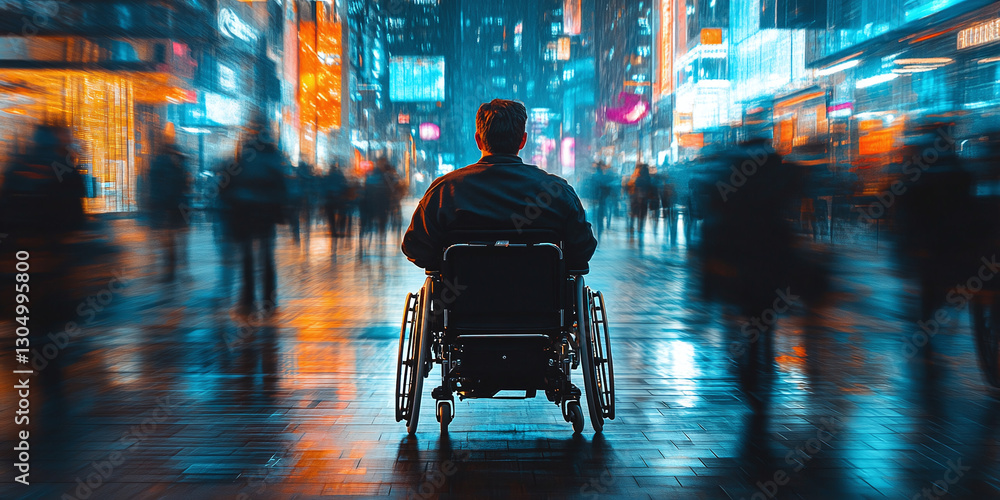 Naklejka premium Person in wheelchair navigates the vibrant city night, blending in with the lively crowd and bright lights, capturing the essence of urban life.