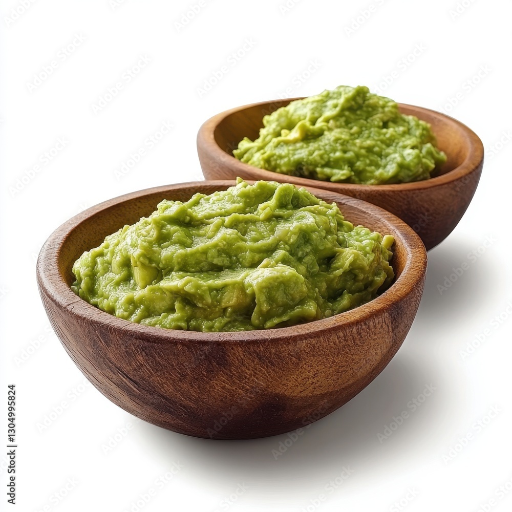 Creamy guacamole in rustic wooden bowls against a white background capturing fresh ingredients vibrant color and smooth texture in a close up shot Creamy guacamole in rustic wooden bowls against a white background capturing fresh ingredients vibrant color and smooth texture in a close up shot
