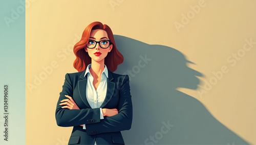 Confident businesswoman with superhero shadow reflections of her potential