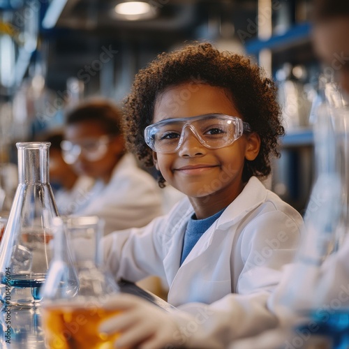A young child in safety goggles smiles while conducting experiments with beakers in a laboratory setting, showcasing enthusiasm for science.