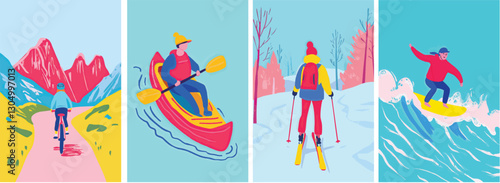 Set of fun hand drawn style outdoor sports vector design elements