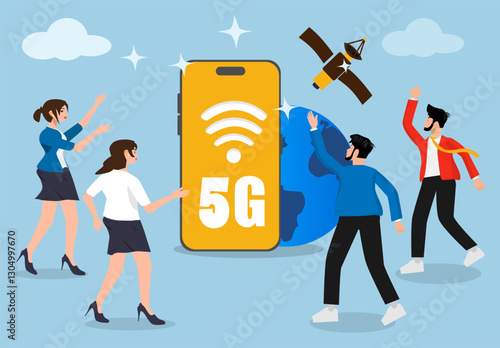 5G network, a group of business people introduce the latest technology, the fastest network and 5g network