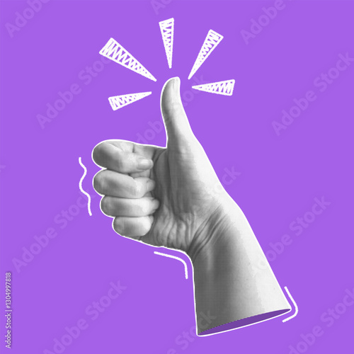 Trendy halftone collage banner with hand showing thumb up gesture. Positive hand sign. Modern retro style. Vector illustration