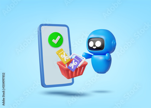 Vector 3D rendering of a blue minimalist robot or chatbot icon holding a shopping cart with a discount coupon, showing a smartphone with a check mark. Successful transaction, payment, referral concept