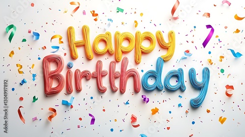 Happy Birthday graffiti in bold letters with a flowing rainbow gradient, vibrant colors blending seamlessly, surrounded by confetti and party streamers, set on a smooth white wall with soft shadows,